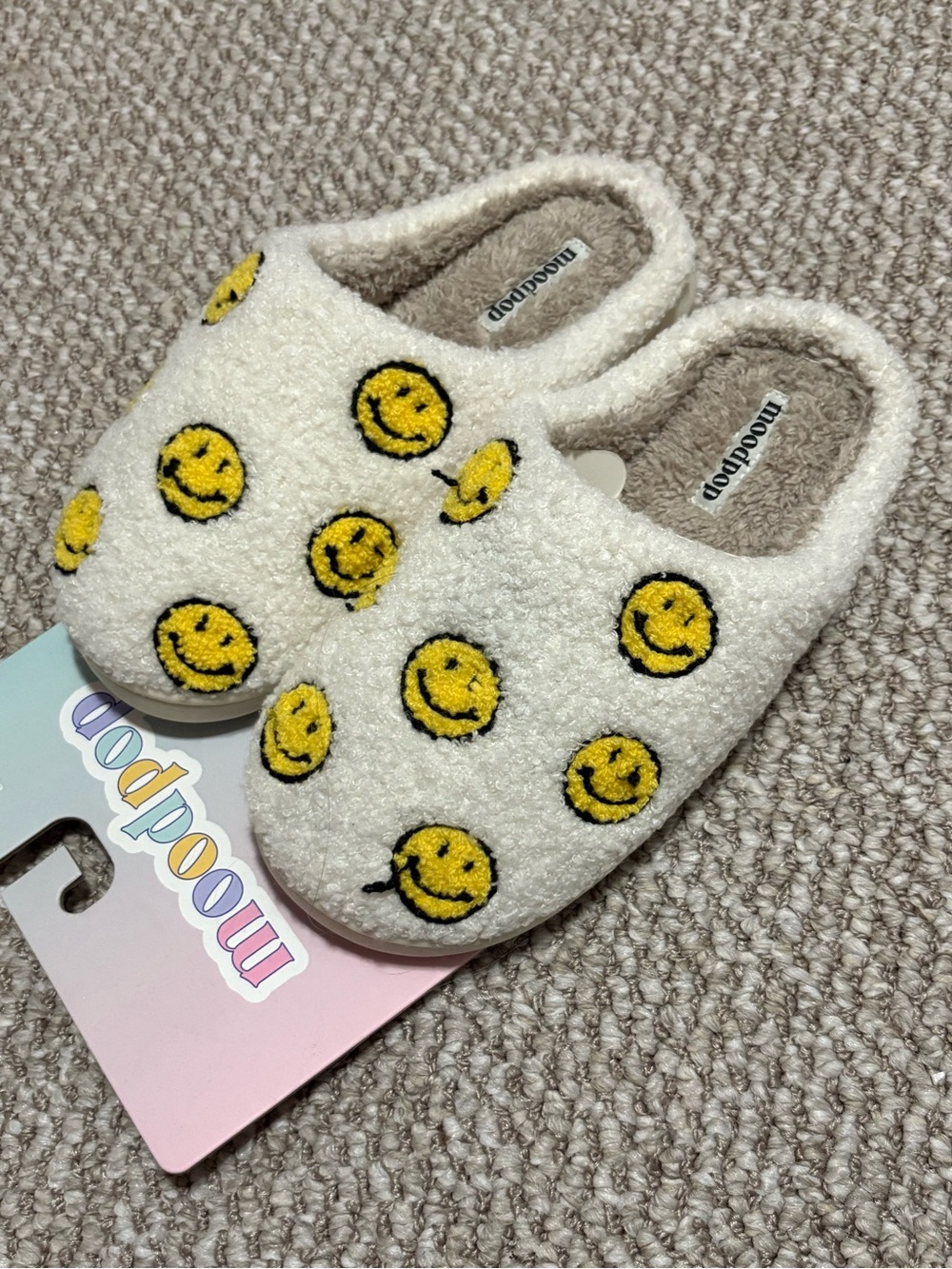 Modpop Smiley Cream Plush Slip-On Slippers for Women